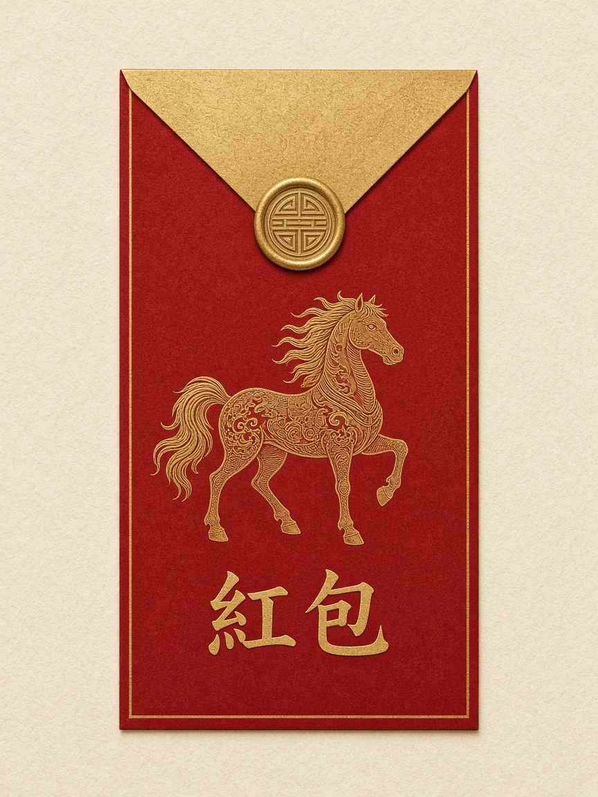 A Chinese red envelope with a gold horse
